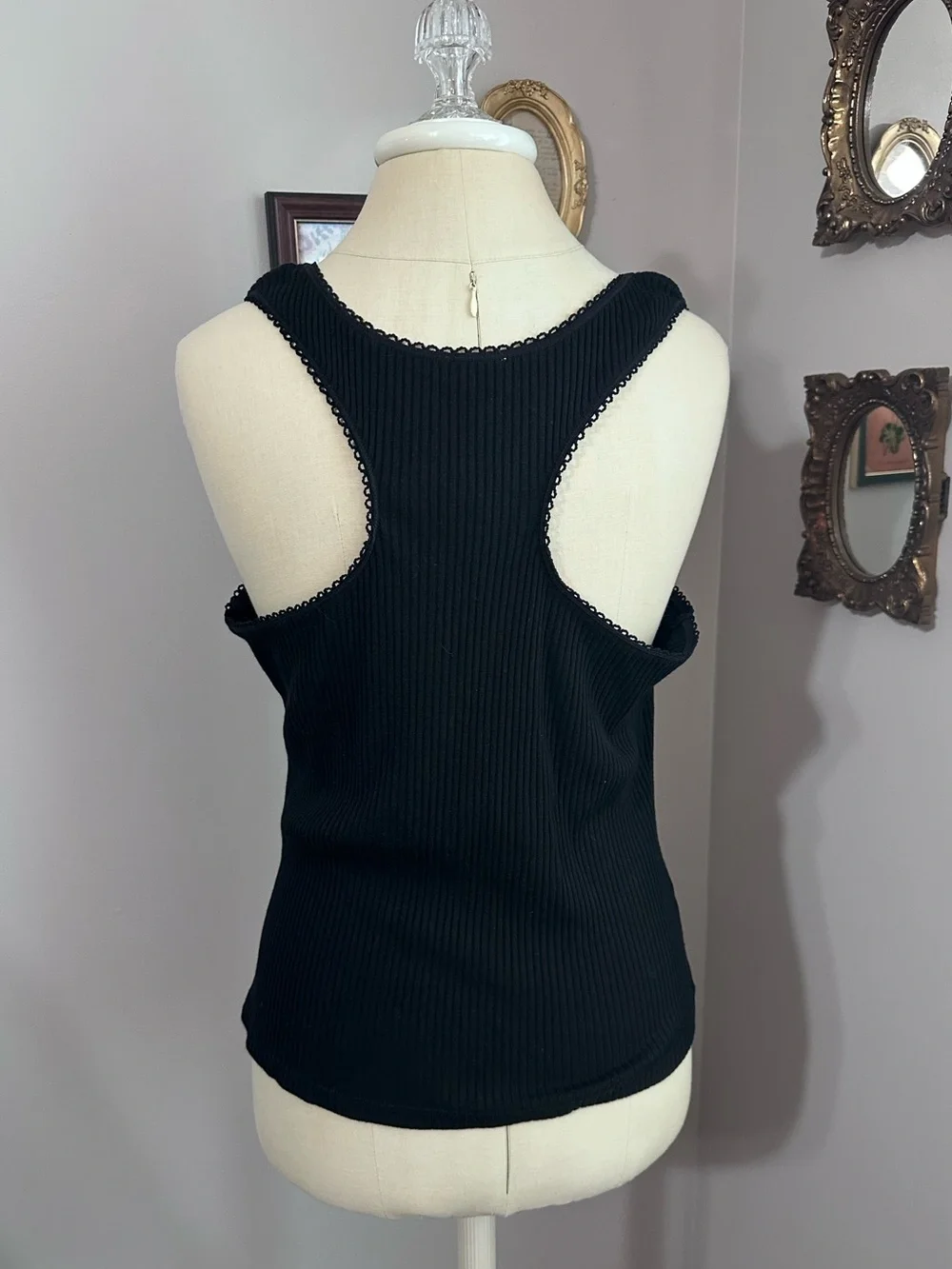 Free People Intimately Most Wanted Black Ribbed Button Tank with Scallop Trim